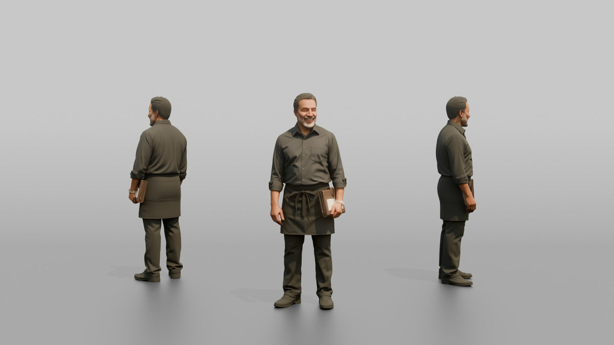 Server Man Holding A Leather Check Folder - 3D character model, view 1