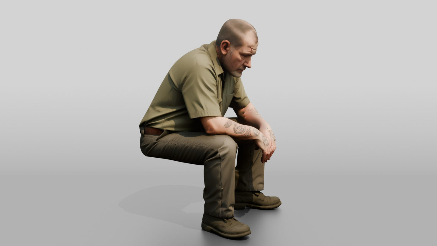 White Male Prisoner Sitting on the Edge of an Invisible Cot