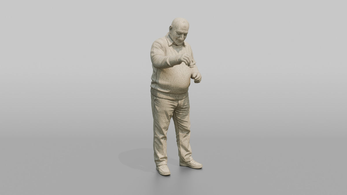 Grandfather Holding A Chess Piece, Mid-move Over An Unseen Board - wireframe topology preview