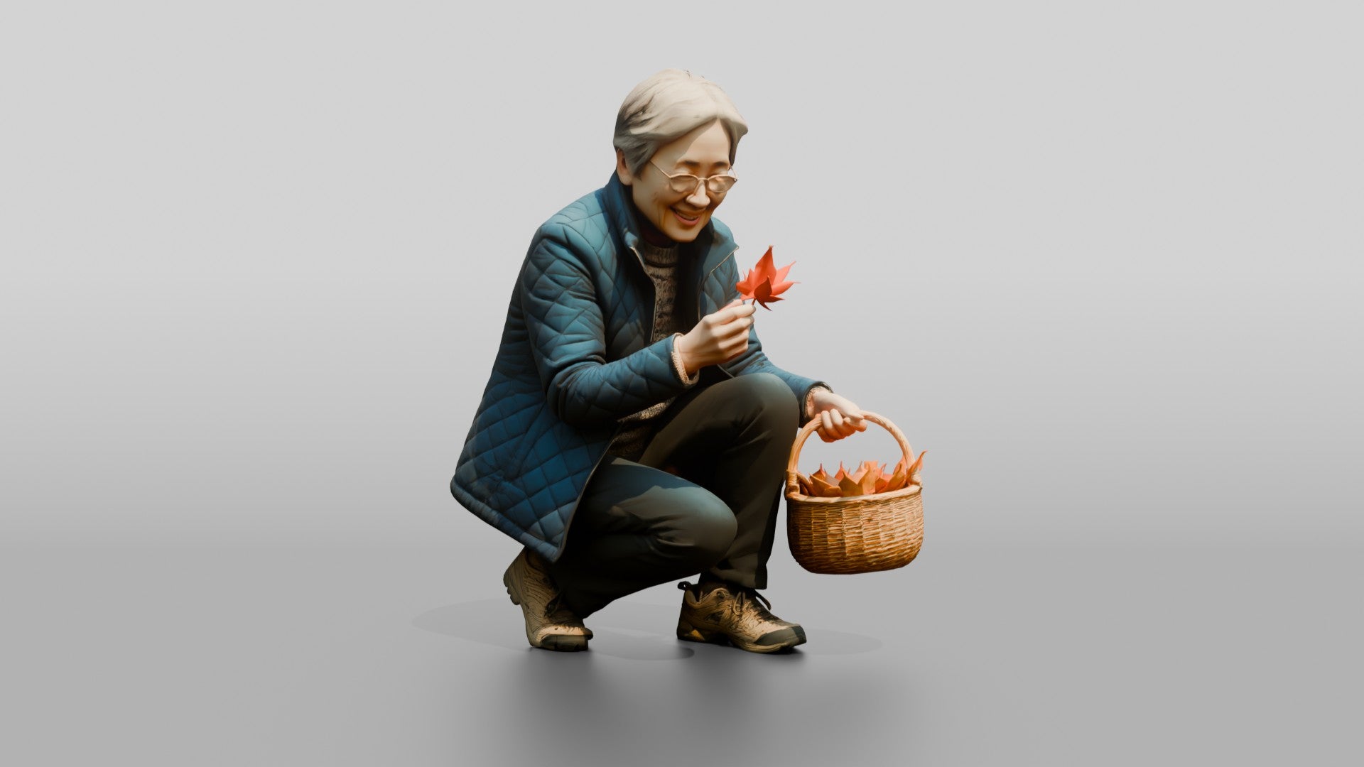 Elderly Chinese Woman Collecting Autumn Leaves