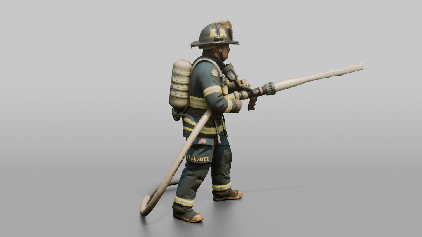 Firefighter Man Directing High-pressure Stream with Hose Nozzle