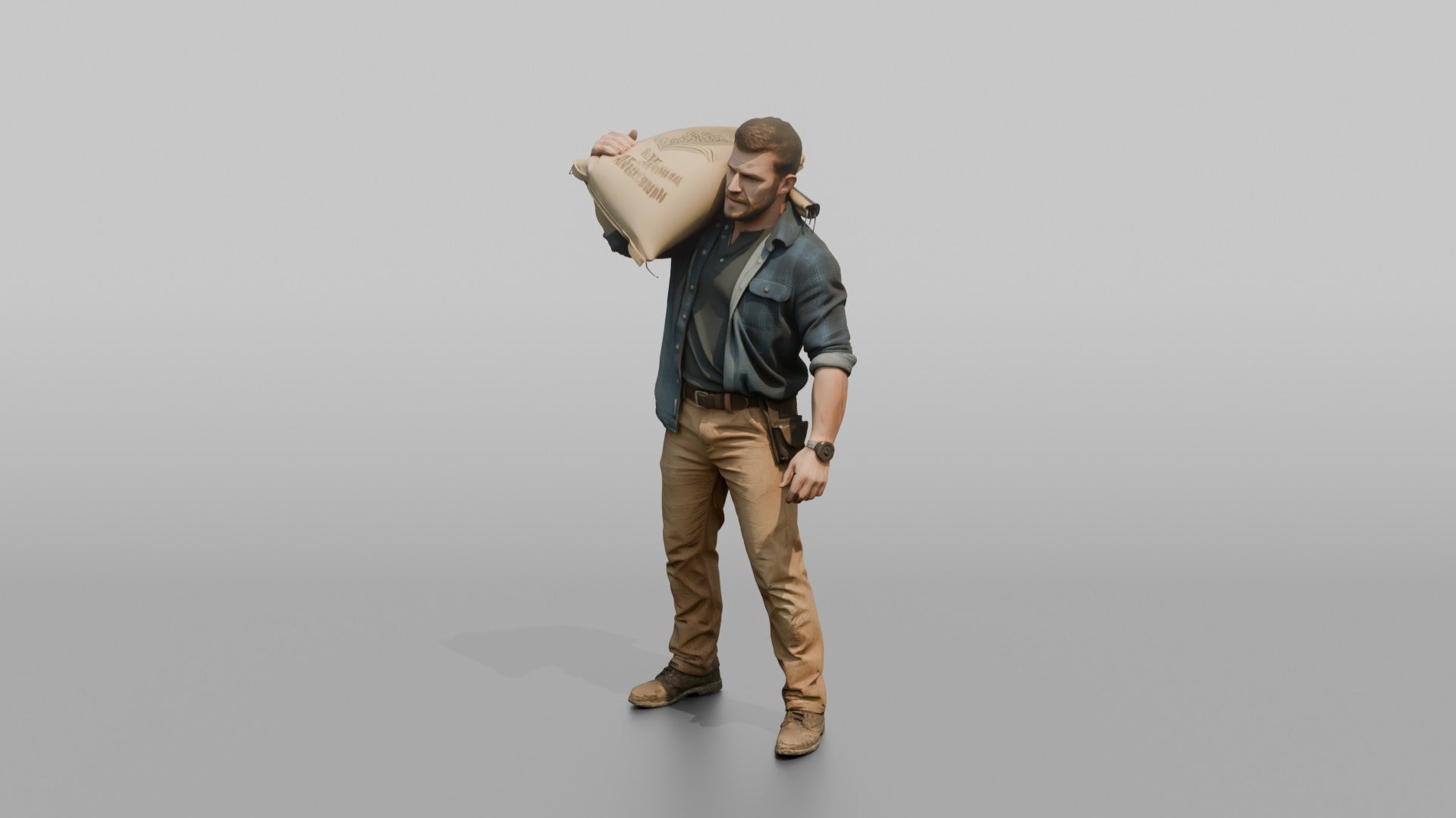 Farmer Slinging Grain Sack Over Back