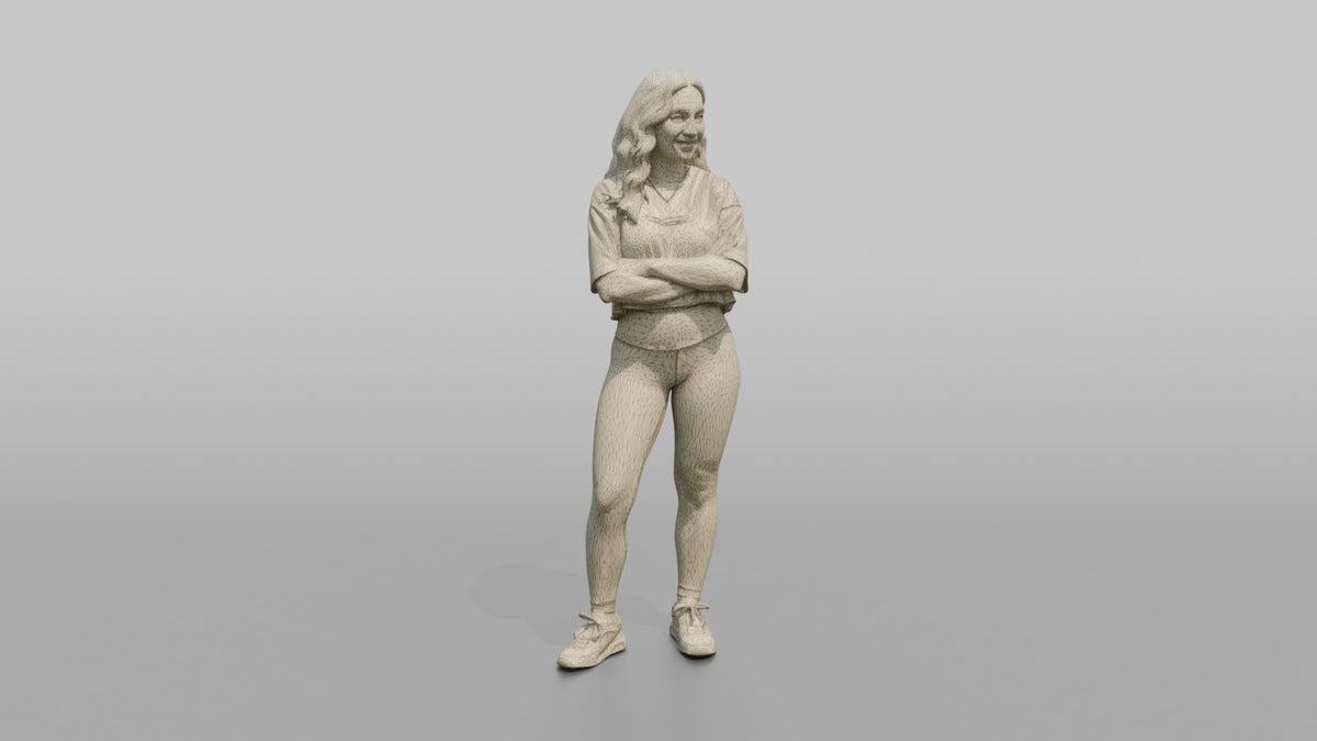 Fitness Influencer Woman Standing With Arms Crossed Loosely - wireframe topology preview