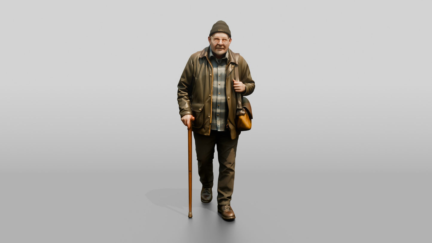Elderly White Man in Waxed Jacket with Cane
