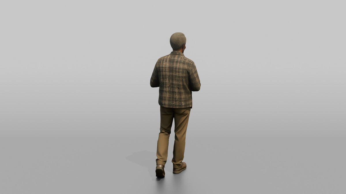 Grandfather Carrying A Small Wooden Birdhouse In Both Hands - 3D character model, view 3