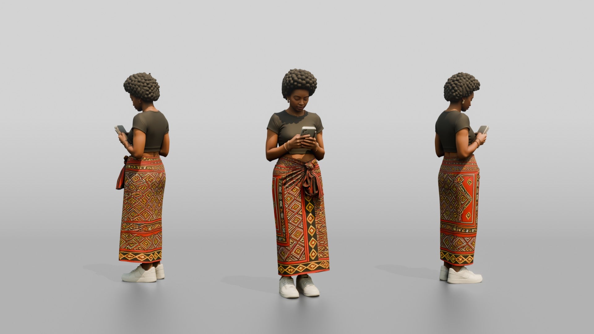 African Woman in a Wrap Skirt Looking at Her Phone