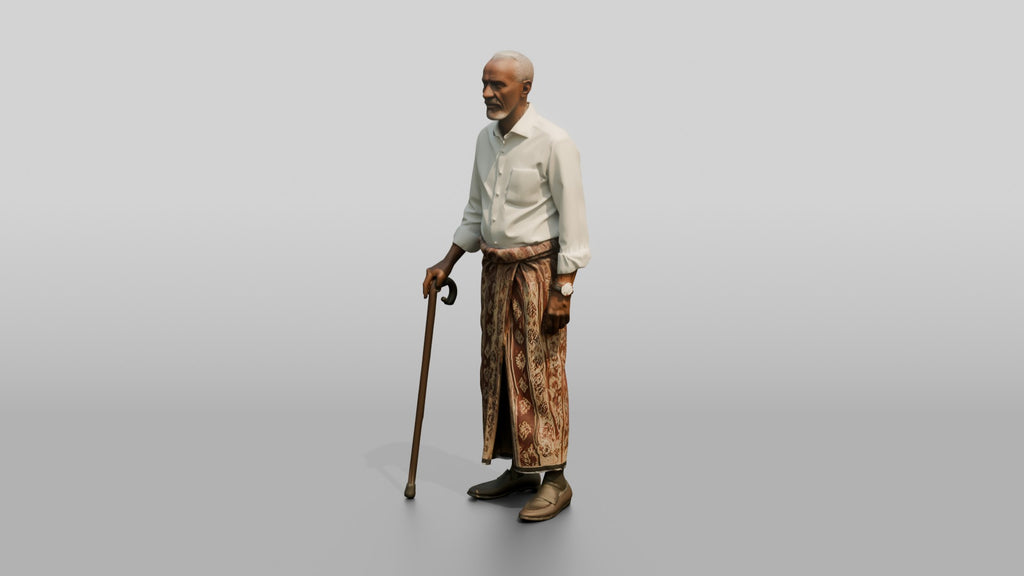 Elderly African Man in Patterned Sarong Leaning on a Cane
