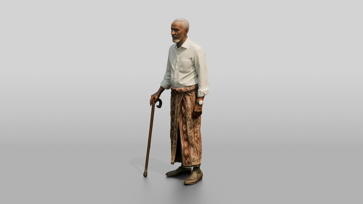 Elderly African Man in Patterned Sarong Leaning on a Cane - 3D character model, view 4