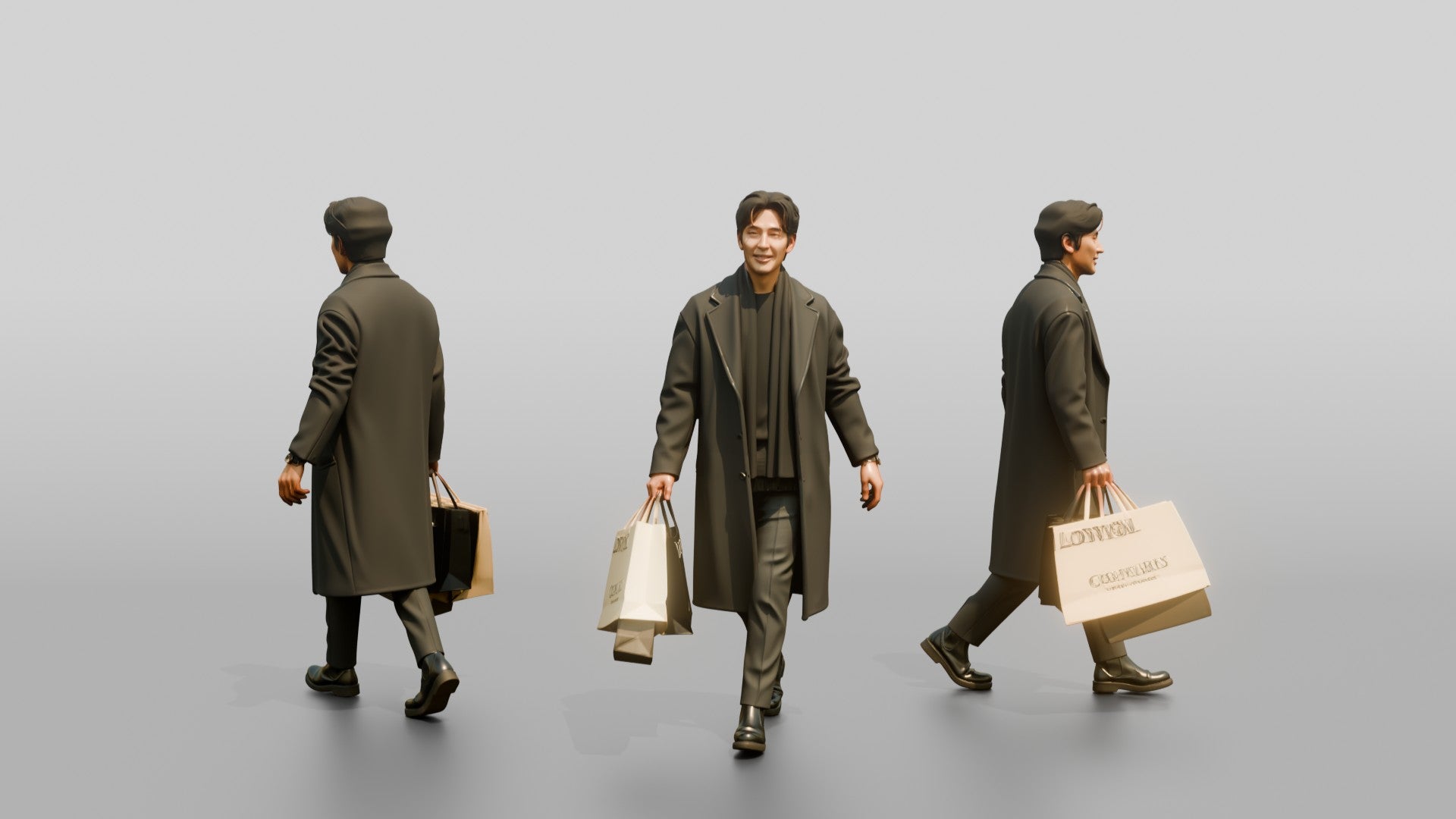 Man Walking in Long Wool Coat with Shopping Bags