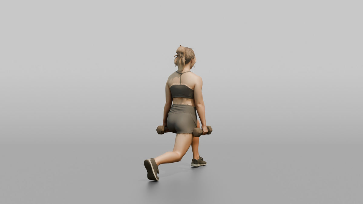 Weightlifter Woman Holding Two Dumbbells At The Sides Mid-lunge - 3D character model, view 3