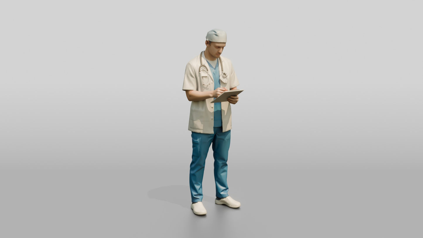Young White Man Doctor Writing on Clipboard
