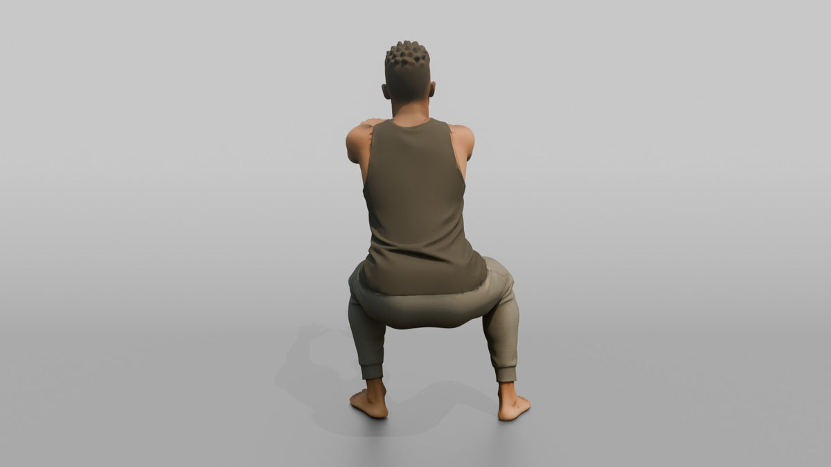 Fitness Influencer Man Doing A Bodyweight Squat, Arms Extended Forward - 3D character model, view 3