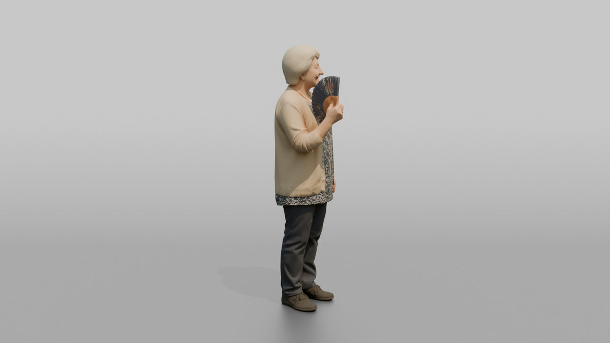 Grandmother Holding A Fan, Gently Fanning Herself - 3D character model, view 3