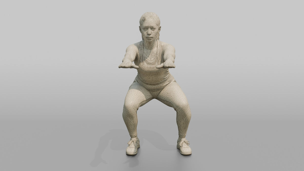 Bodyweight Athlete Woman Doing A Bodyweight Squat, Arms Extended Forward - wireframe topology preview