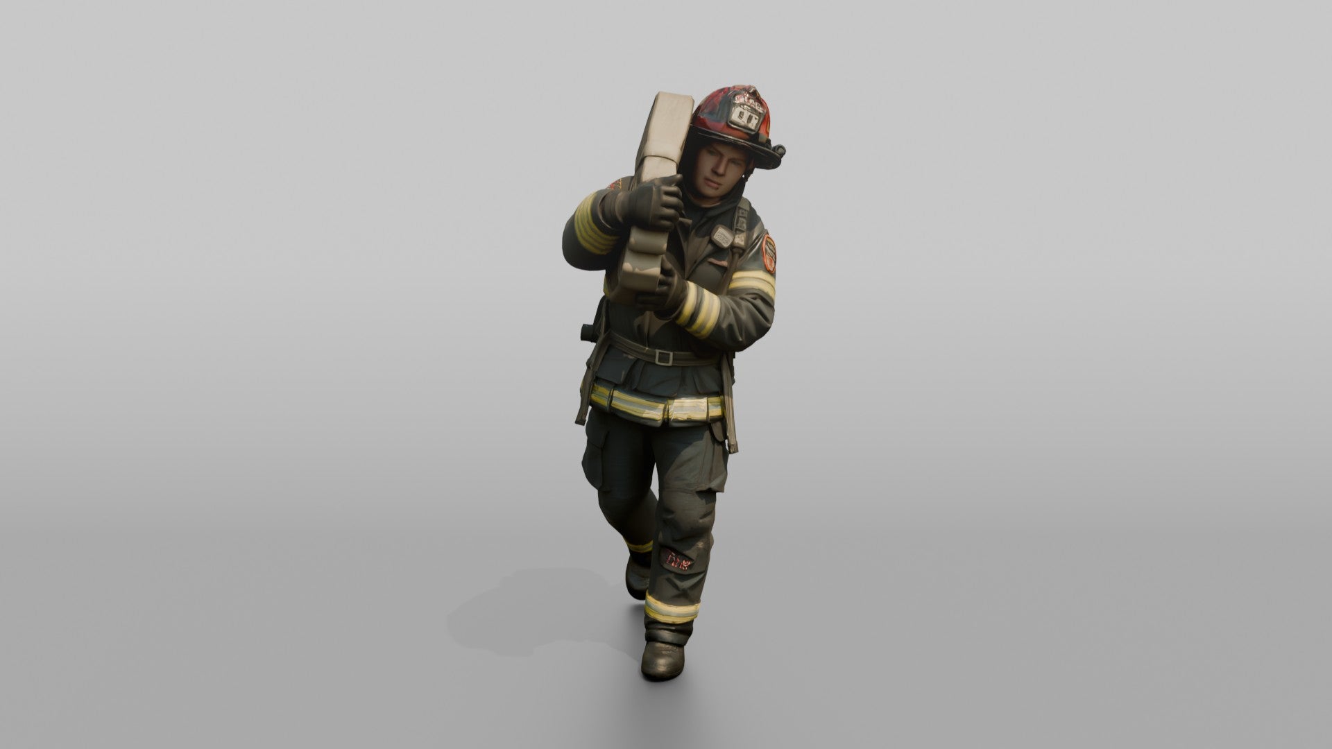 Firefighter Man Hoisting a Heavy Folded Hose Pack Onto His Shoulder