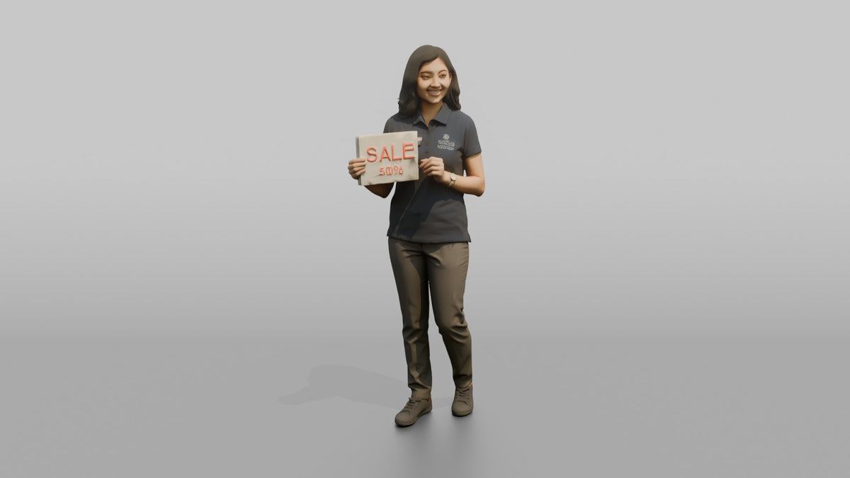Woman Sales Associate Holding Up A Sale Sign - 3D character model