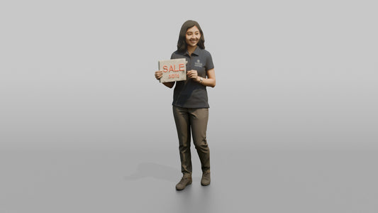 Woman Sales Associate Holding Up A Sale Sign - 3D character model