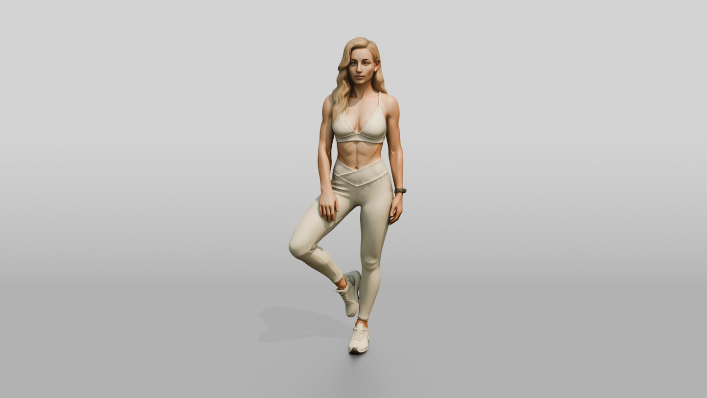 Blonde Woman in Cream Activewear in a Balance Pose