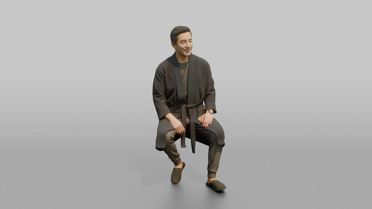 Spa Client Woman Sitting On A Stool Getting Ready, Robe Half-tied - 3D character model
