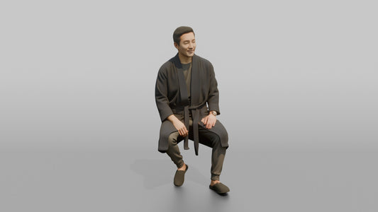 Spa Client Woman Sitting On A Stool Getting Ready, Robe Half-tied - 3D character model