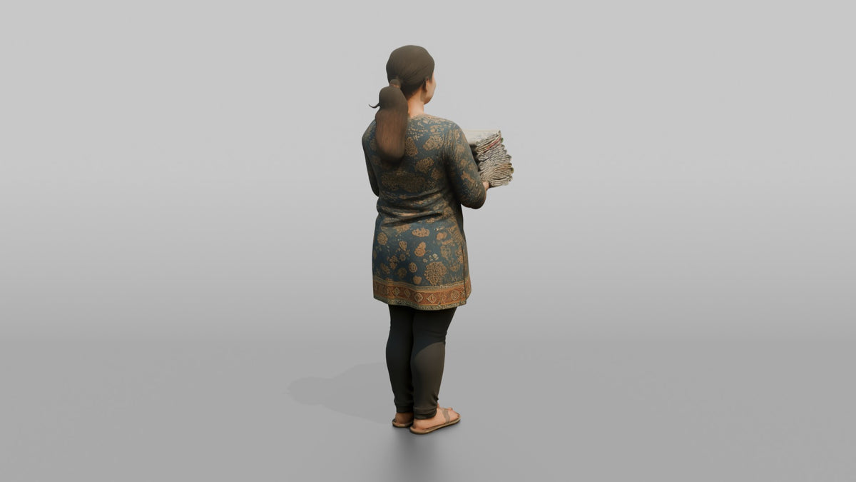 Mother Carrying A Stack Of Clean Folded Laundry - 3D character model, view 3