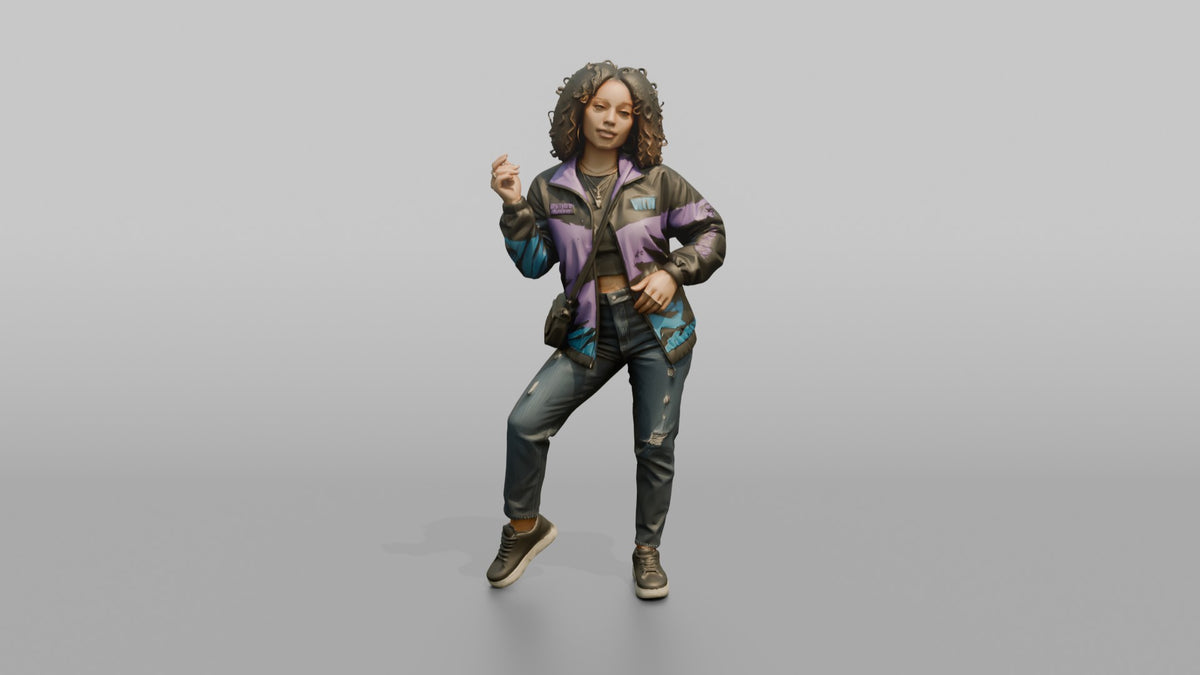 Patron Woman Striking A Bold Urban Pose In A Graphic Windbreaker - 3D character model, view 5