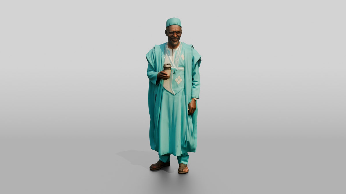 Elderly African Man in a Turquoise Grand Boubou - 3D character model, view 5