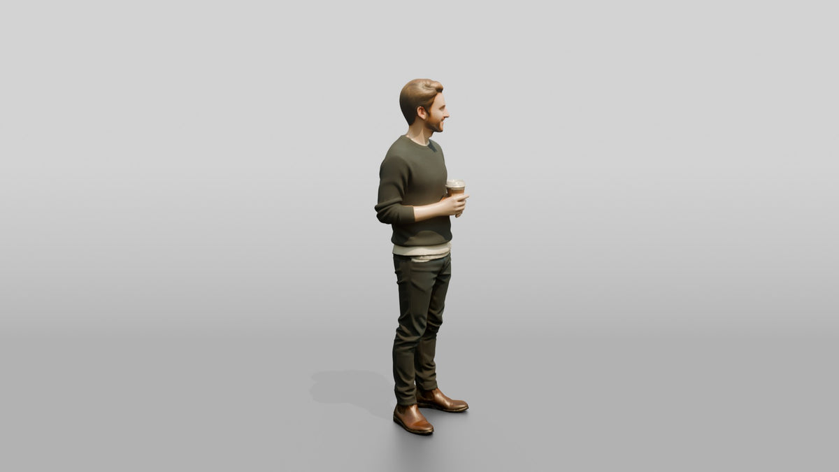 Homeless Man Holding a Steaming Paper Coffee Cup - 3D character model, view 2