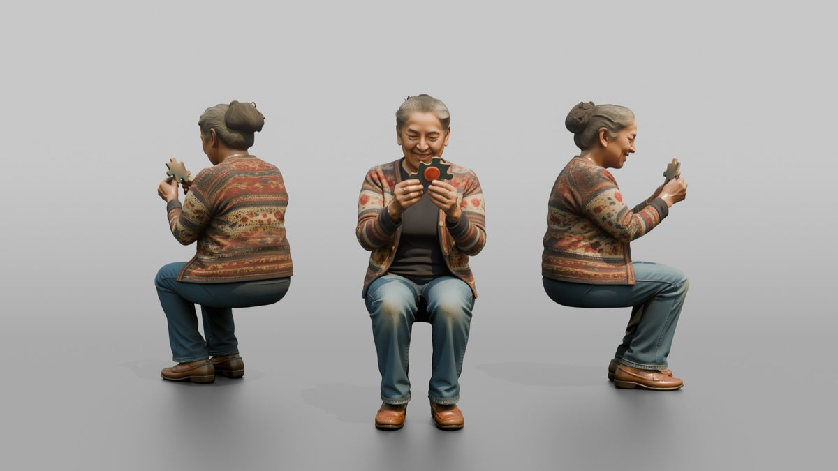 Grandmother Holding A Jigsaw Puzzle Piece, Examining It - 3D character model, view 1