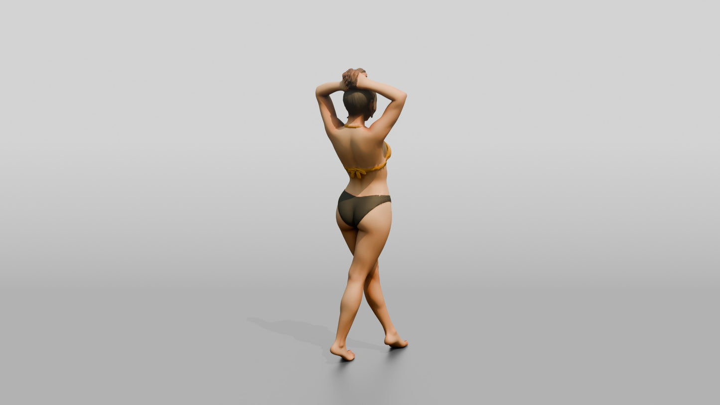 Curvy Woman in Yellow Two-Piece Swimsuit Arms Raised