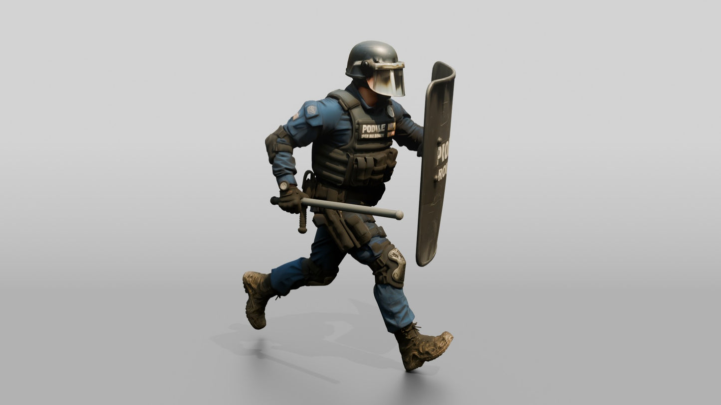 Riot Police Officers Running with Shields