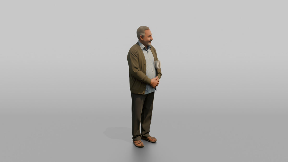 Grandfather Holding A Rolled-up Newspaper Under One Arm - 3D character model, view 2