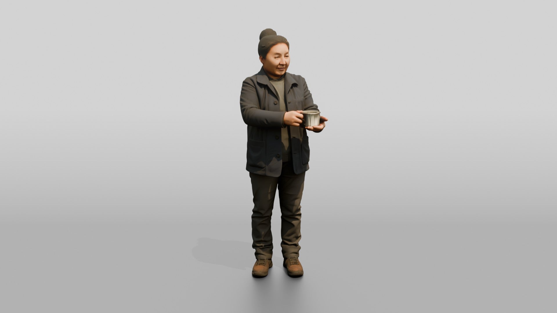 Homeless Woman Holding Out a Small Metal Cup