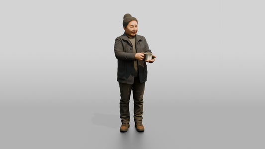 Homeless Woman Holding Out a Small Metal Cup - 3D character model, view 1