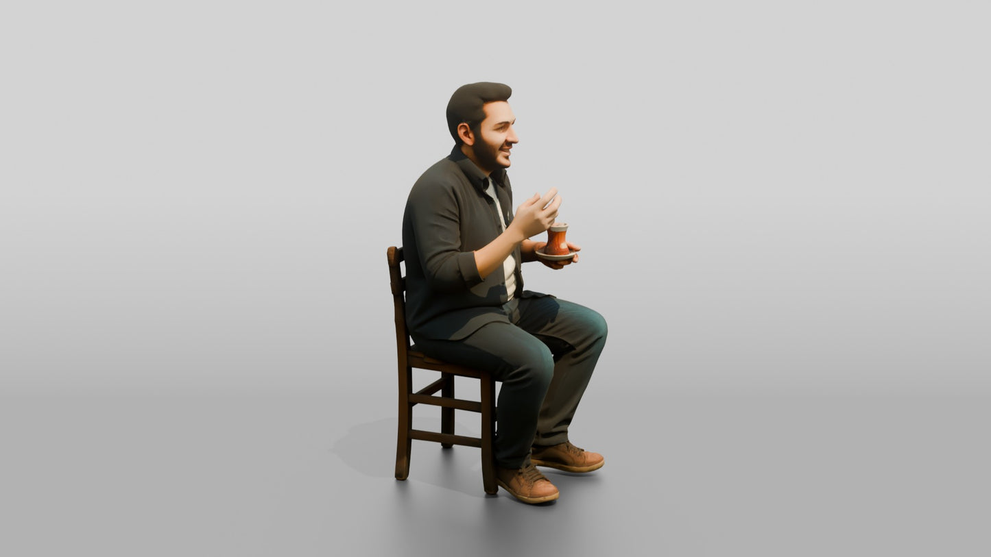 Man Gesturing with Tea and Earbuds