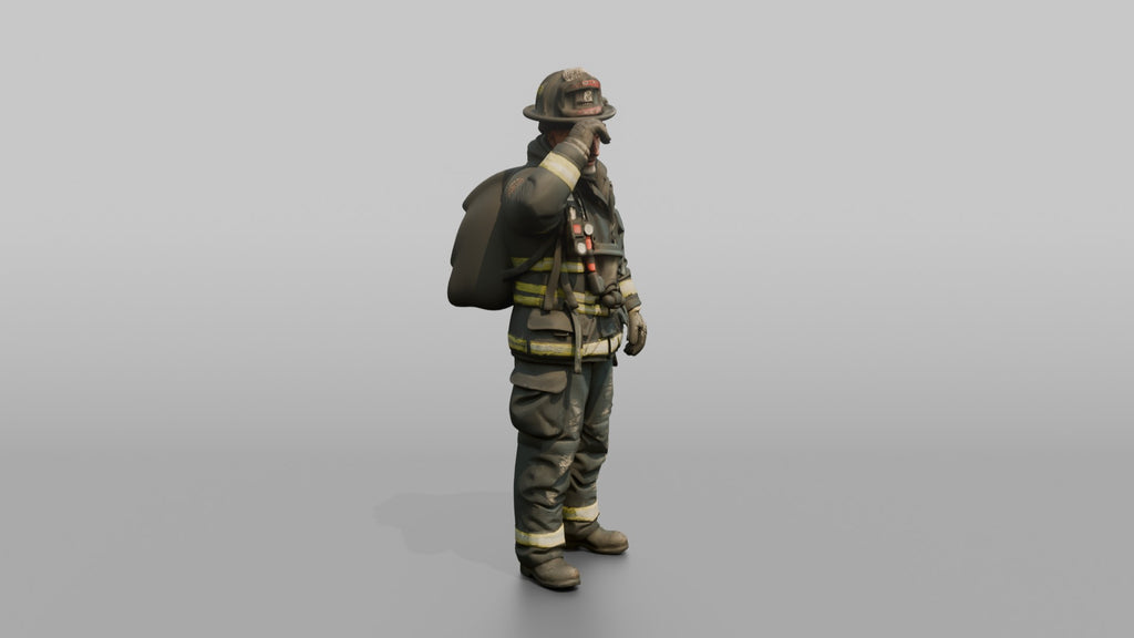 Firefighter Man Wiping Soot Off His Forehead with a Gloved Hand