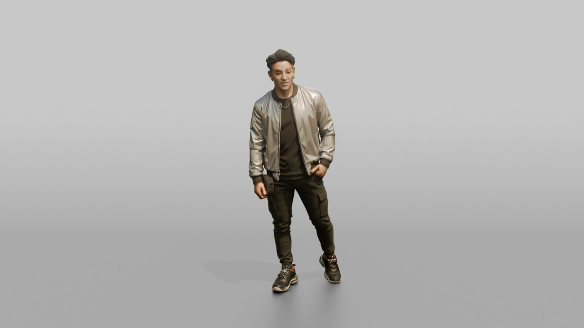 Patron Man Striking A Confident Pose In A Colorful Holographic Jacket - 3D character model, view 5