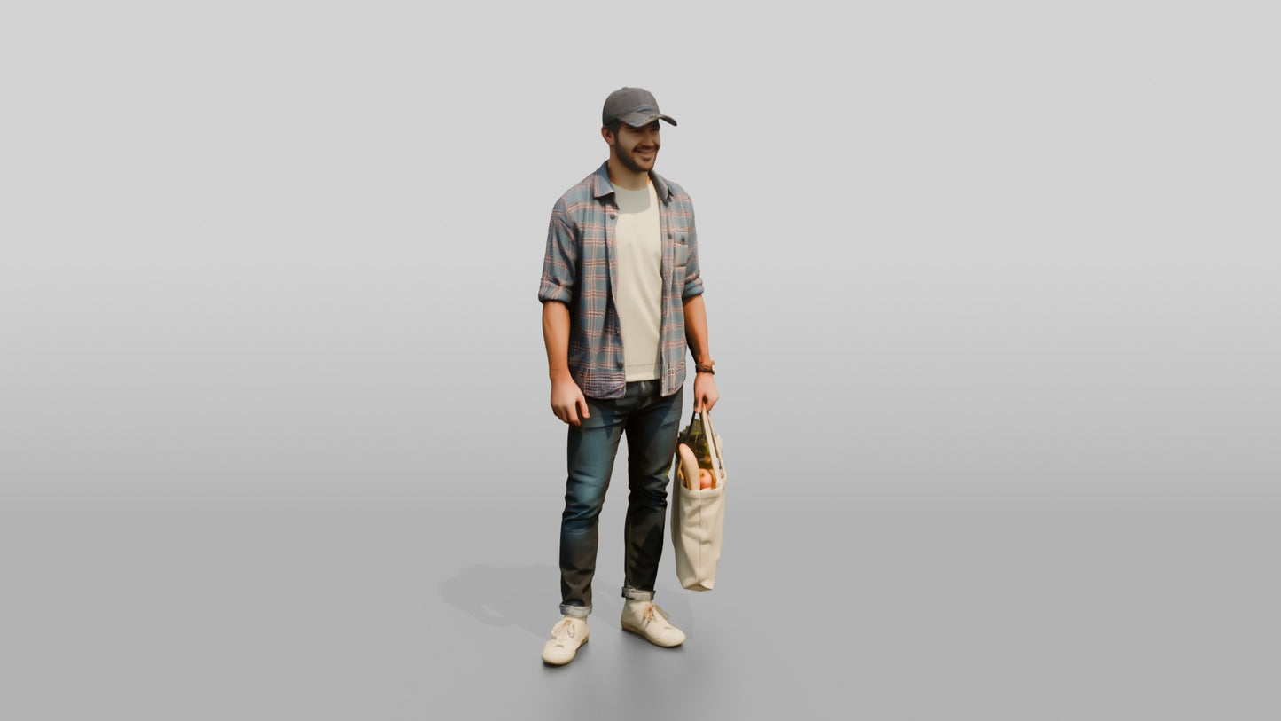 Caucasian Man in Flannel Shirt with Grocery Bag