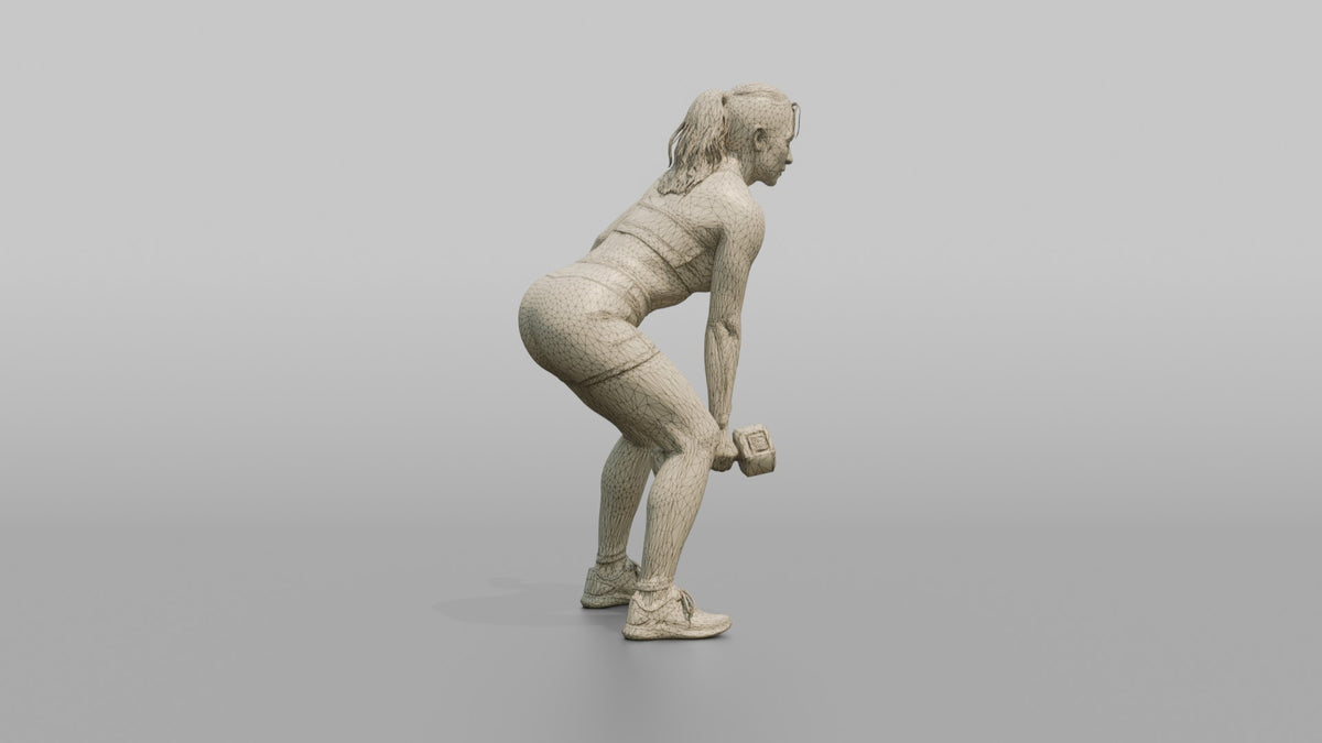Weightlifter Woman Mid-rep On A Dumbbell Deadlift - wireframe topology preview