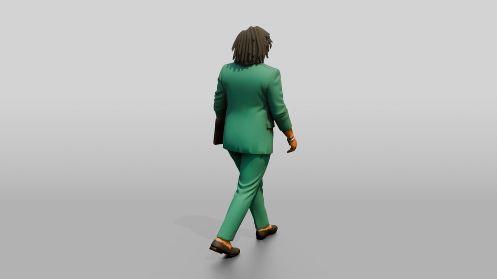 Plus-Size Woman in Emerald Green Pantsuit Carrying a Tablet Case