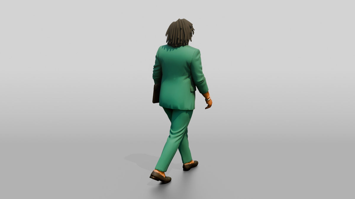 Plus-Size Woman in Emerald Green Pantsuit Carrying a Tablet Case - 3D character model, view 3
