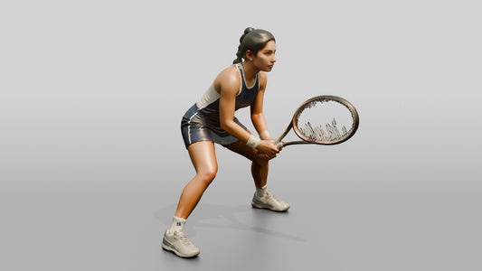 Female Tennis Player in a Low Baseline Ready Stance - 3D character model, view 1