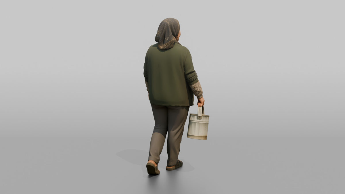 Grandmother Carrying A Watering Can For Her Garden - 3D character model, view 3