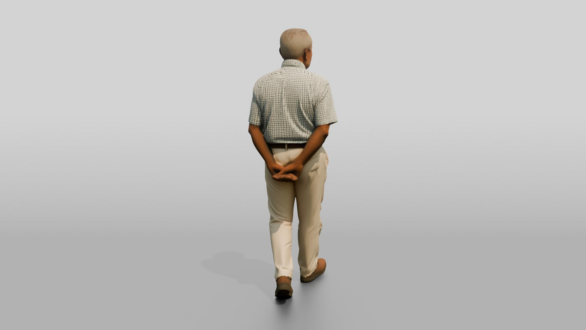 Elderly Turkish Man Walking with Hands Behind His Back - 3D character model, view 3