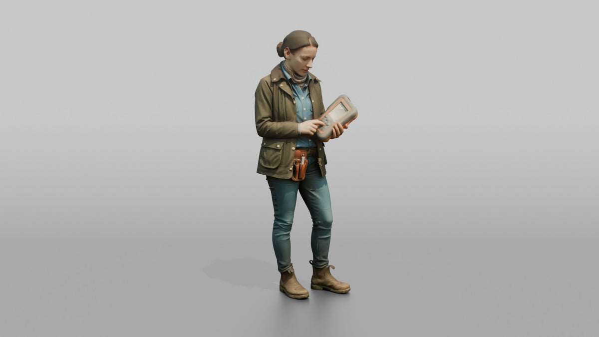 Farmer Holding Livestock Health Monitor Device - 3D character model, view 1