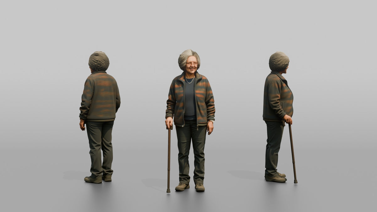 Grandmother Holding A Walking Cane, Standing Upright - 3D character model, view 1