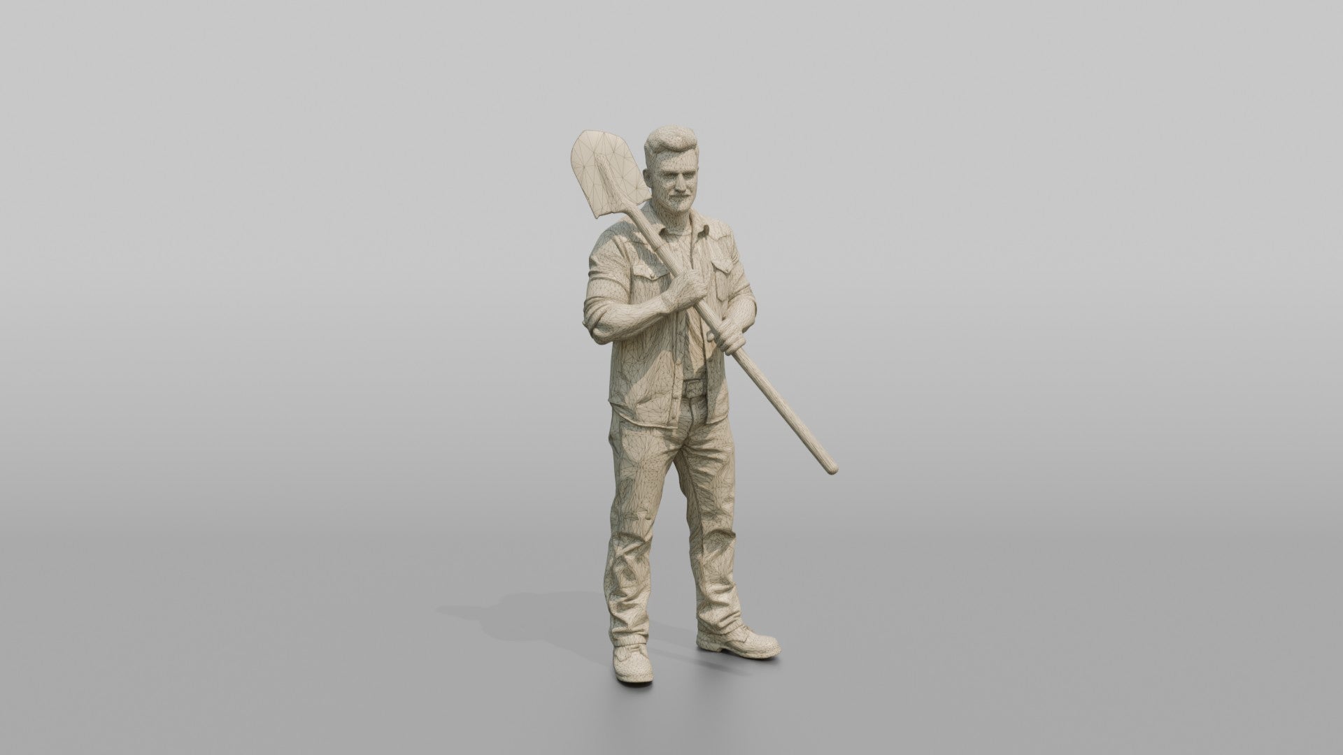 Farmer Holding Heavy Steel Shovel Resting Over