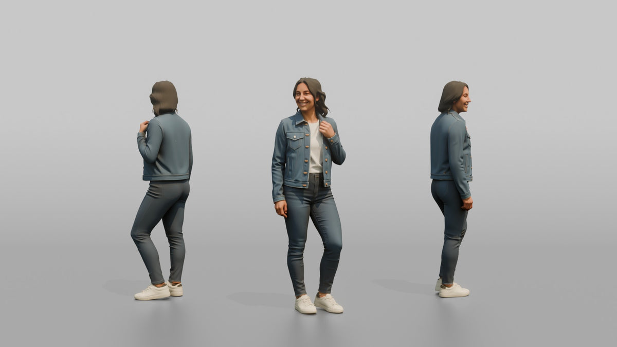 Woman Customer Trying On A Denim Jacket - 3D character model, view 1