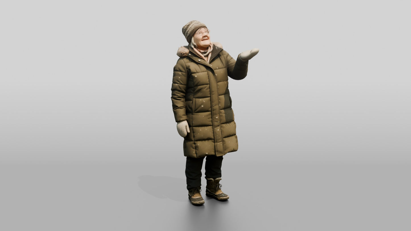 Elderly Norwegian Woman Catching Snowflakes
