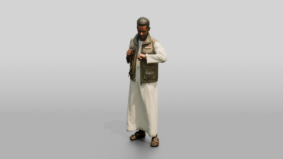 African Man in White Jalabiya Checking His Watch - 3D character model, view 4